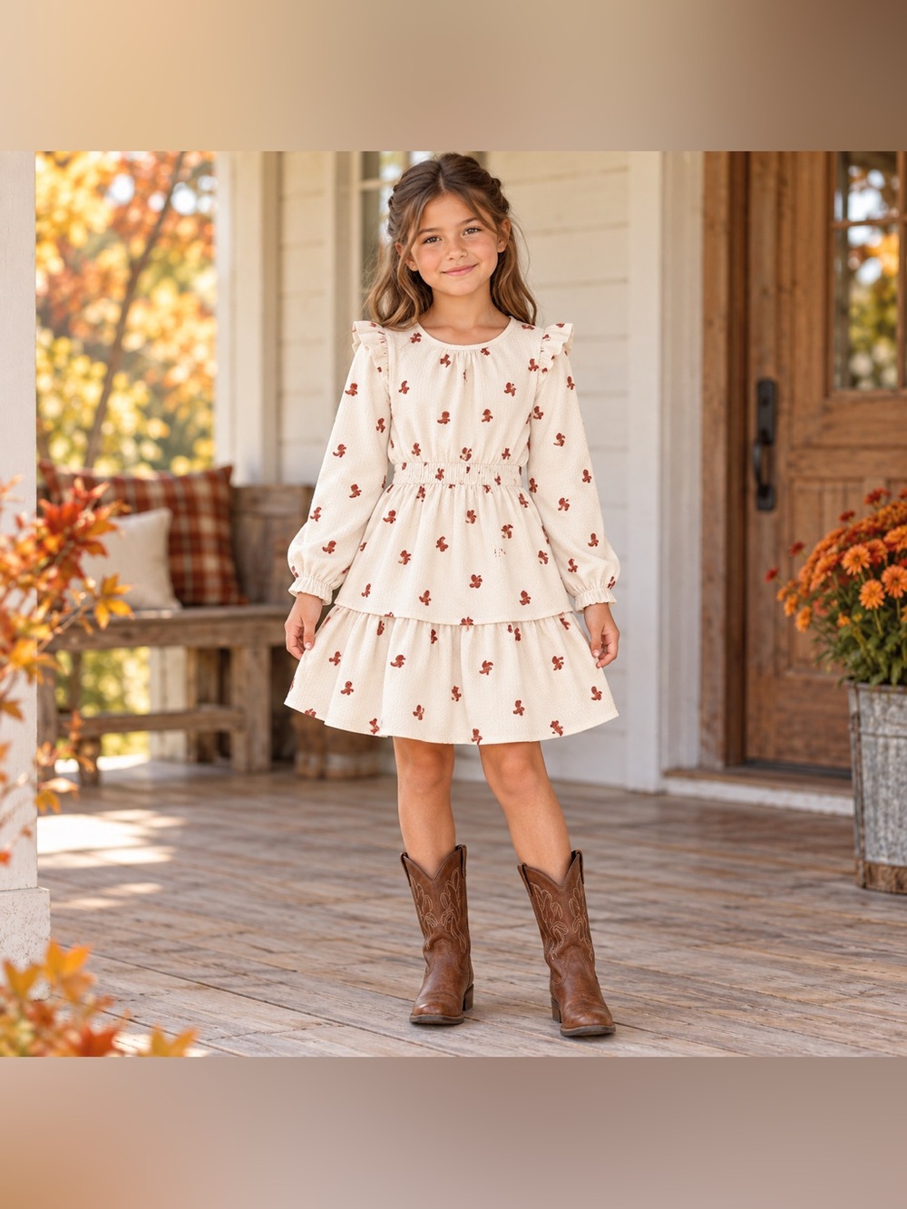 Girls Cream Floral Tiered Long-Sleeve Dress NWT & Socks